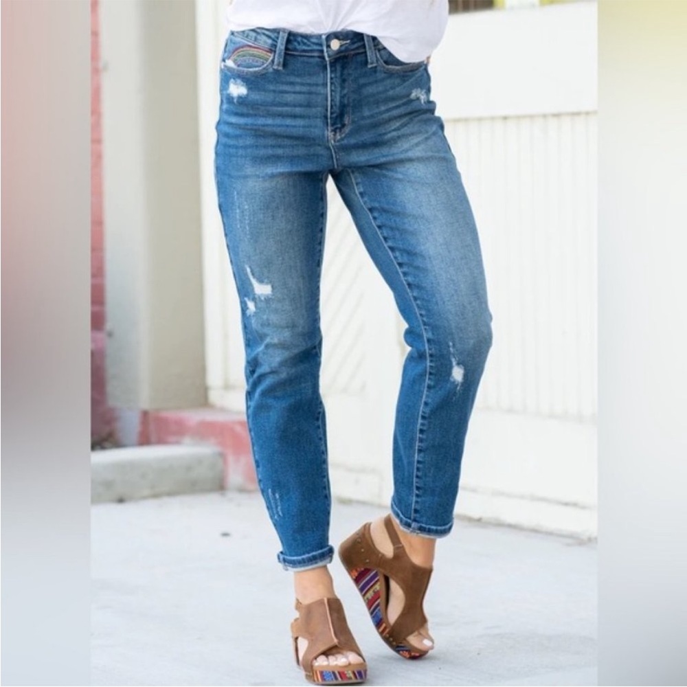Judy Blue Rainbow Embroidered Straight Leg Jeans